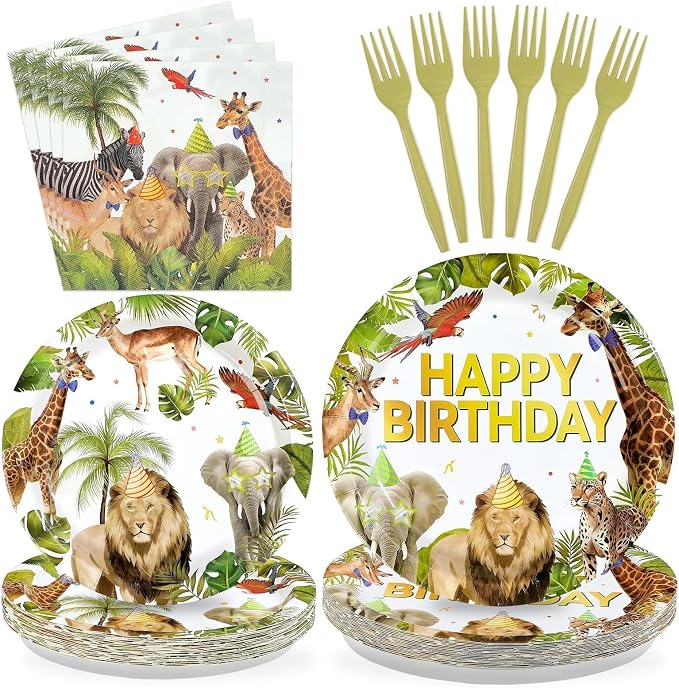 96Pcs African Safari Birthday Party Decorations, Serve 24 | Jungle Theme Plates by Greencian