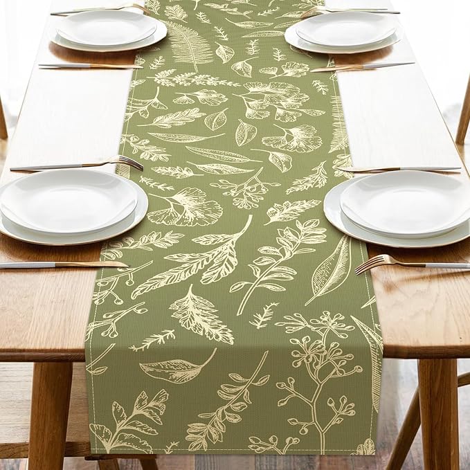 Green Botanical Leaves Dining Table Runner, Vintage Fern Plant | Greenery by Croar
