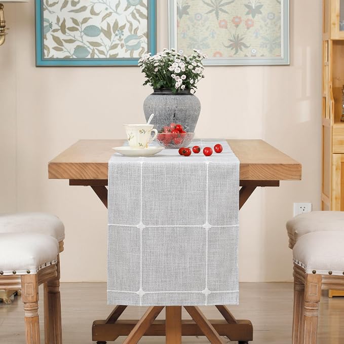 NEWISHER Rustic Embroidered Plaid Cloth Table Runner 60 inches, Farmhouse - Image 3