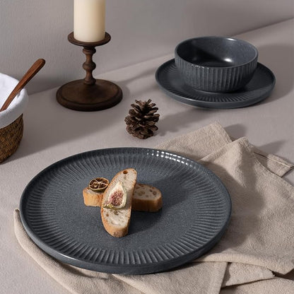 Famiware Starlight Plates and Bowls Dishes Set of 4 (12 Pieces), Ribbed Textured Stoneware Dinnerware Sets- Dishwasher & Microwave Safe, Chip Resistant, Matte Midnight Grey