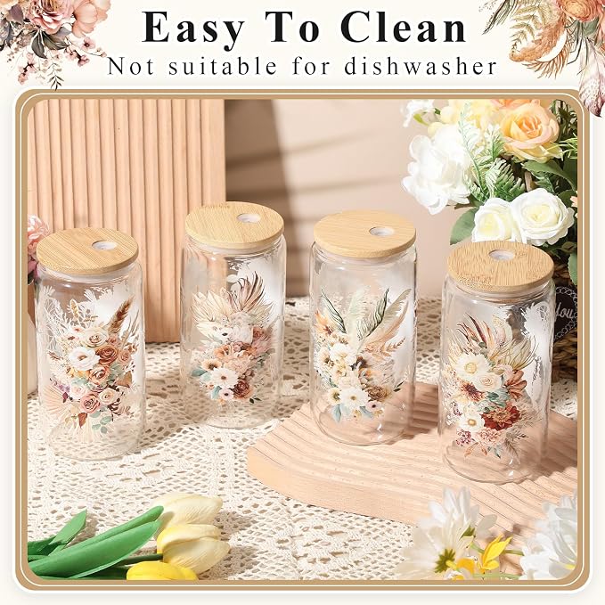 Mumufy 4 Pack Wildflower Glass Cups Gift Aesthetic Cute Glass Cup Tumbler - Image 5