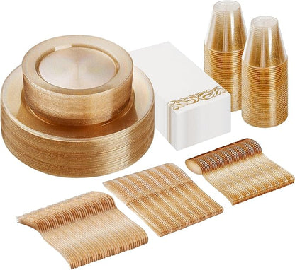 Goodluck 175 Piece Dinnerware Set for 25 Guests, Plastic Plates Disposable for Party, Include: 50 Gold Glitter Plastic Plates, 25 Paper Napkins, 25 Cups, 25 Gold Glitter Silverware Set