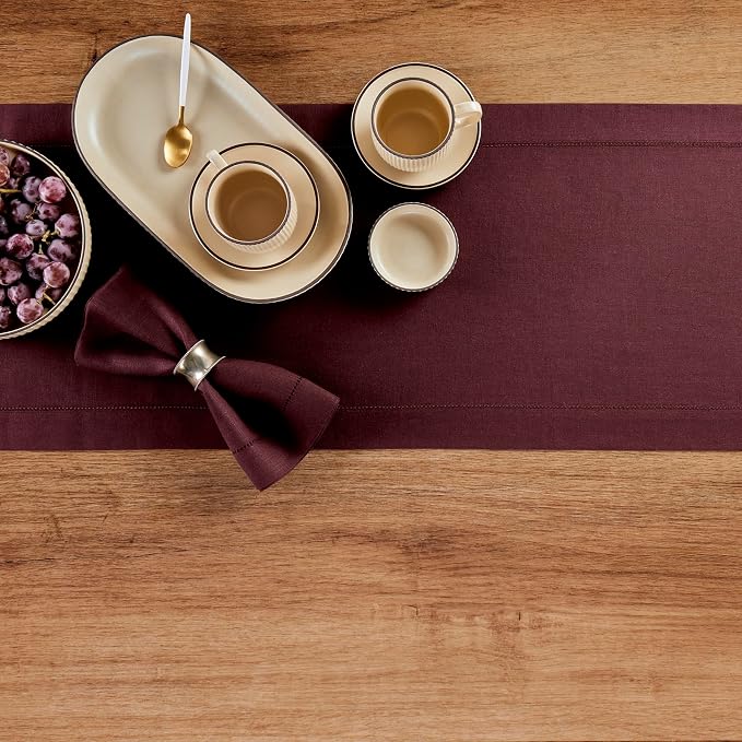 Solino Home 100% Pure Linen Table Runner Burgundy Hemstitch, 14 x 36 in | - Image 4