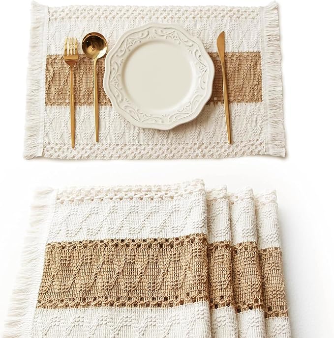 Boho Placemats Set of 4, Macrame Table Mats Farmhouse Dining Decor | 12x20" by FEXIA