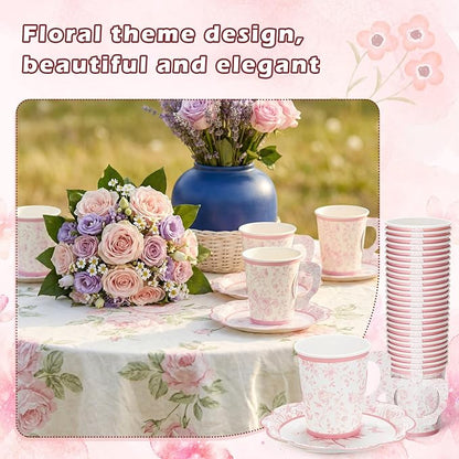 FillTouch 100 Sets Pink Floral Paper Tea Cups and Saucers Disposable Paper Tea - Image 4