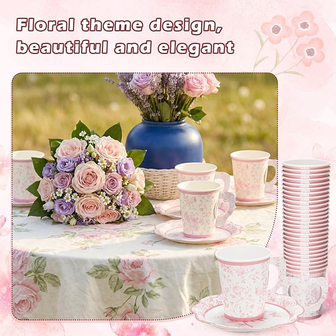 FillTouch 48 Sets Pink Floral Paper Tea Cups and Saucers Disposable Paper Tea - Image 3