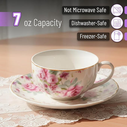 BTaT- Floral Tea Cups and Saucers, 7 oz, Fine Porcelain Teacup Set - Image 3