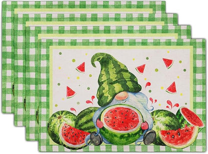 Watercolor Watermelon Gnomes Placemats Set of 4,Green Buffalo Check Plaid Rectangular Linen Kitchen Mats Summer Seasonal Place Mat 12 x 18 Inch for Kitchen Dining Table Decor