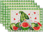 Watercolor Watermelon Gnomes Placemats Set of 4,Green Buffalo Check Plaid Rectangular Linen Kitchen Mats Summer Seasonal Place Mat 12 x 18 Inch for Kitchen Dining Table Decor