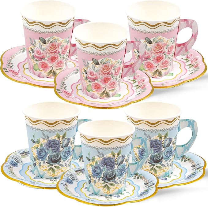 WorldBazaar Floral Tea Party Dinnerware Disposable Cups and Saucers 24 Set | 9oz - Image 2