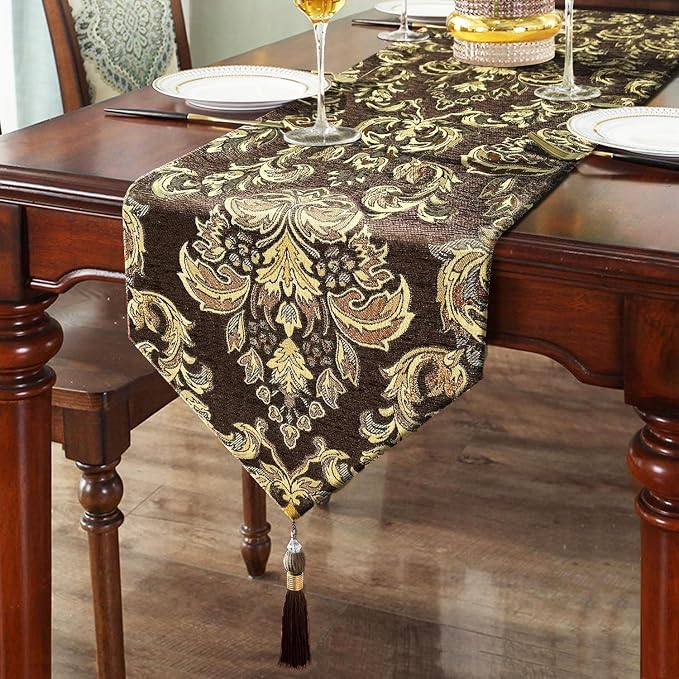 Dark Brown Coffee Table Runner Chenille Retro Golden Flowers 98 inches Long | by HeMiaor
