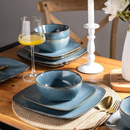 AmorArc Ceramic Dinnerware Sets for 4, 12 Pieces Square Handpainted Plates and Bowls Set, Chip and Scratch Resistant Stoneware Dishes Set, Dishwasher & Microwave Safe, Ocean Blue