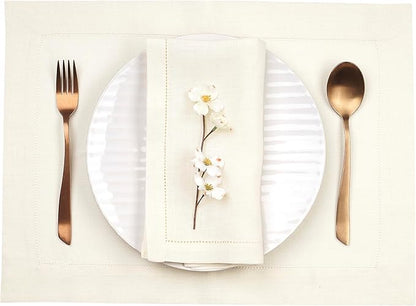 D'Moksha Homes Linen Placemats Set of 4 - Classic Hemstitch Ivory Placemats 14 x 19 Inch - 100% Pure Linen Table Mats for Valentines, Spring, Easter - Handcrafted and Machine Washable