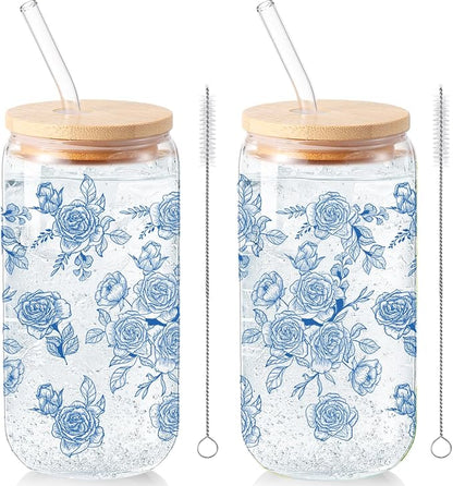 Sliner 2 Pcs Blue Flower Glass Cups Floral Gifts Drinking Glasses 16 oz Iced by Sliner