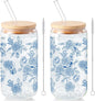 Sliner 2 Pcs Blue Flower Glass Cups Floral Gifts Drinking Glasses 16 oz Iced by Sliner
