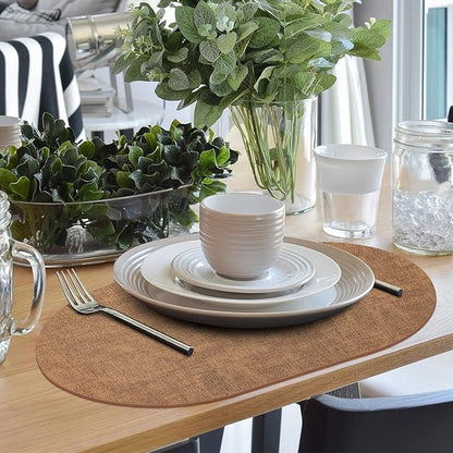 Placemats Set of 6 - Washable Heat Resistant Table Placemats - Wipeable Faux Leather Oval Place Mats, Waterproof Table Mats for Dining Table, Brown