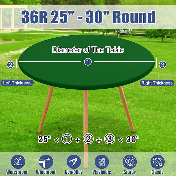 Round Spandex Tablecloth 2 Pack, Elastic Fitted Waterproof Tablecloths for 25"-30" Tables, Stretch Washable Picnic Table Cover for Camping, Dining, Indoor and Outdoor, Emerald Green