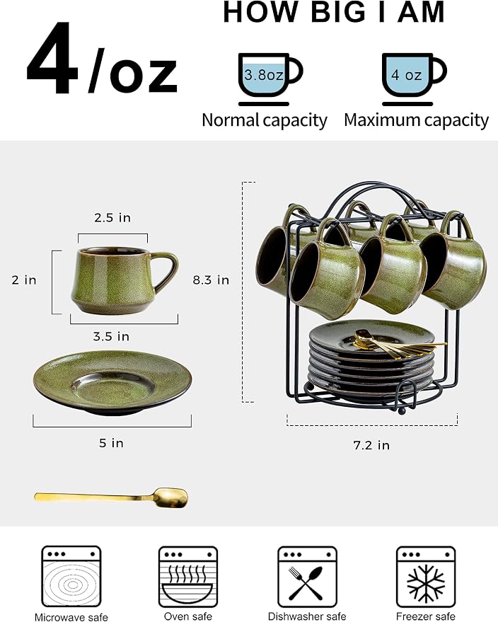 YHOSSEUN Ceramic Espresso Cups Set of 6, 4 Oz Expresso Shots Cup, Metal Stand & - Image 3