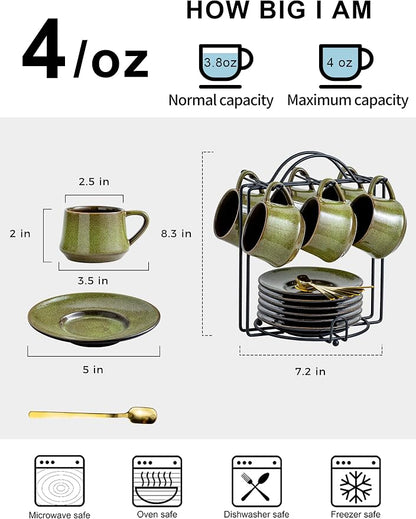 YHOSSEUN Ceramic Espresso Cups Set of 6, 4 Oz Expresso Shots Cup, Metal Stand & - Image 3