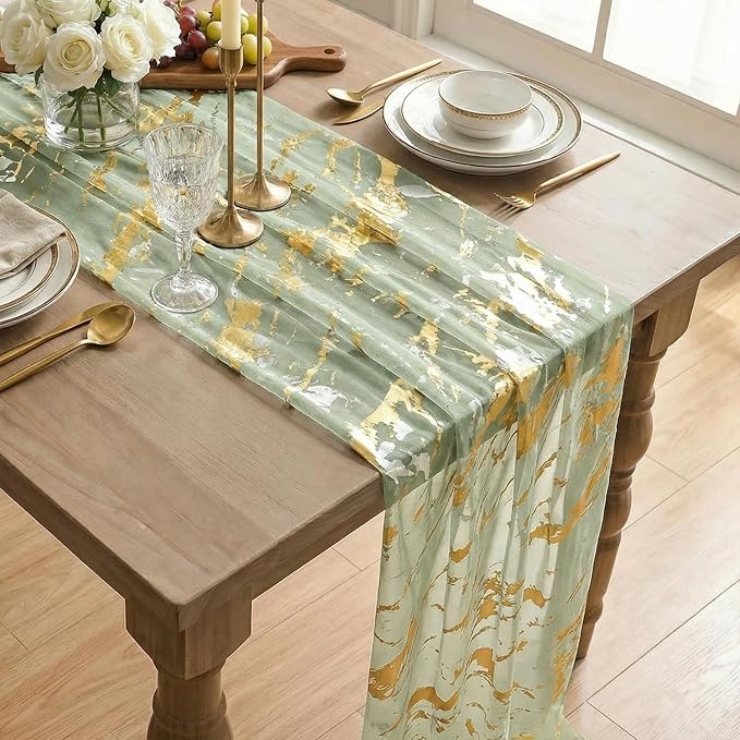Artoid Mode Marble Pattern Sage Green Gauze Table Runner 10FT, Glitter Metallic - Image 4