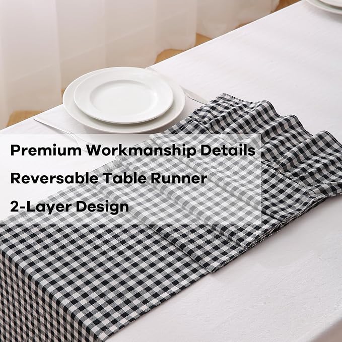 Black White Plaid Gingham Ruffle Table Runner 90 inches Long 100% Washed Cotton - Image 5