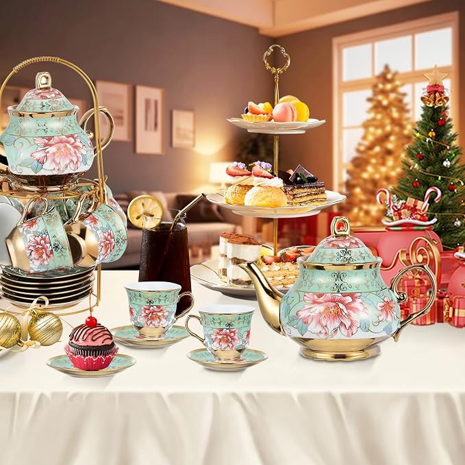 20 Pcs Porcelain Tea Set with Metal Holder, Adult Tea Set Gift, European - Image 5