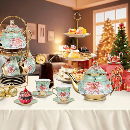 20 Pcs Porcelain Tea Set with Metal Holder, Adult Tea Set Gift, European - Image 5