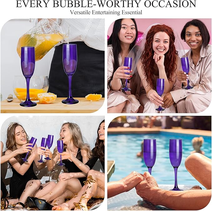 Champagne Flutes Glasses Set of 6-6oz Elegant Purple Glass, Unique Purple Colored Long Stem Champagne Flute Gift for Wedding, Anniversaries, Parties, Birthday, Restaurant, Home Bar