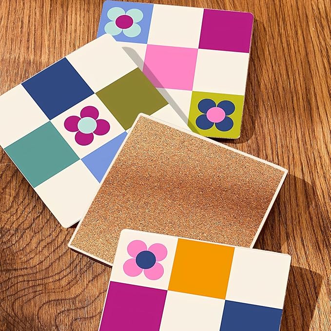 MAYCARI Contrasting Color Cartoon Flower Coasters Set of 6 Cork Backed Checkered Flower Coasters with Metal Holder Ceramic Surface Drink Cup Mats for Tabletop Protection Desk Decoration Birthday Gifts