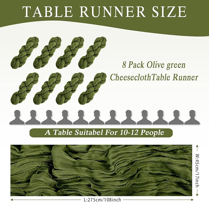 8 Pack Olive Green Cheesecloth Table Runner 17x108 inch | Boho Gauze Cheese - Image 2