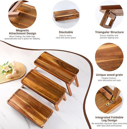 Tiered Serving Tray 17 Inch Acacia Wooden Cupcake Stand & Platters 3 Tiered Tray Foldable Dessert Table Display Set Decor for Party Charcuterie Boards for Birthday, Wedding, Christmas, Valentine's Day