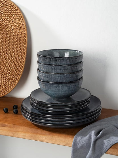 Famiware Moonlight Plates and Bowls Sets, 18 Pieces Stoneware Dinnerware Sets with Linen Finish, Handmade Dishware set for 6, Microwave and Dishwasher Safe, Scratch Resistant Tableware, Dark Blue