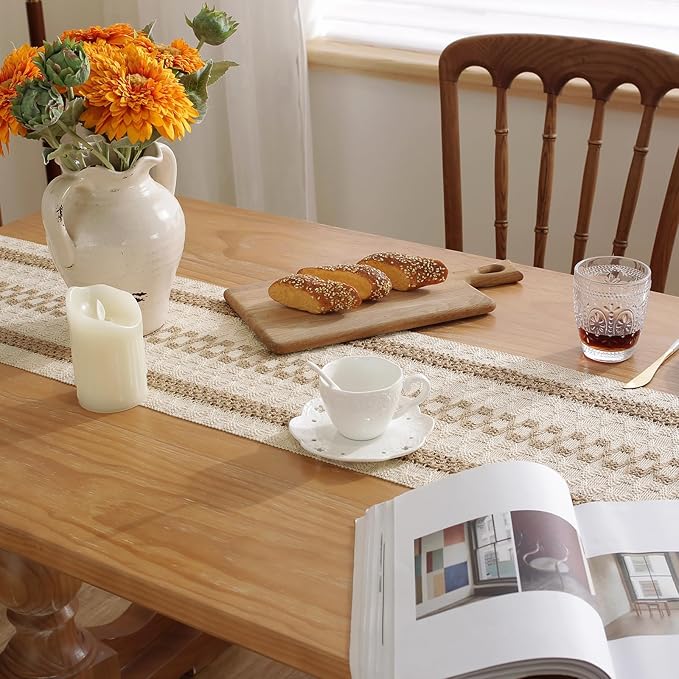 Boho Table Runner with Tassels 12 x 120 Inches Long, Cream & Brown Rustic - Image 4