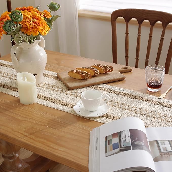 Boho Table Runner with Tassels 12 x 144 Inches Long, Cream & Brown Rustic - Image 2