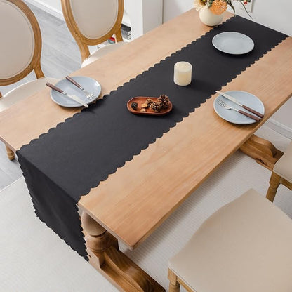Solid Black Farmhouse Scalloped Table Runner 13 x 72 Inchs | Washable Polyester - Image 3