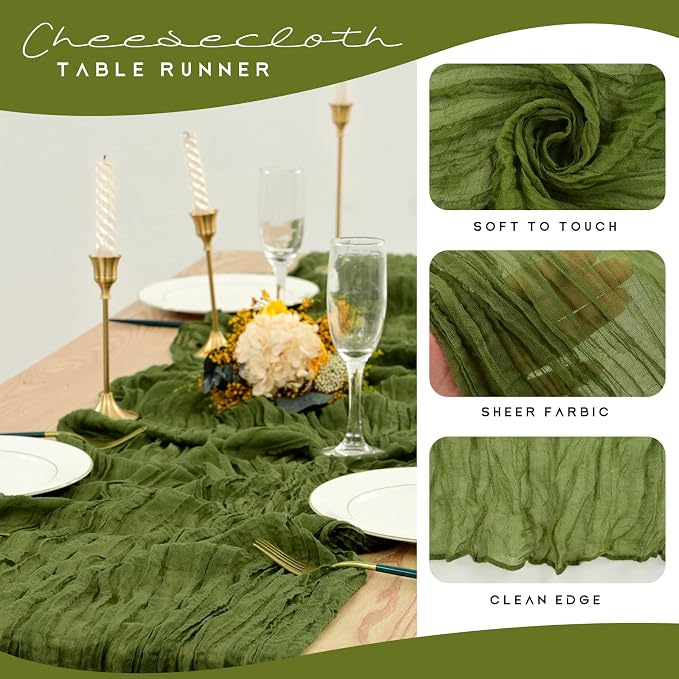YMHPRIDE 12 Pack Cheesecloth Table Runner 35x120in Olive Green Table Runner | - Image 4