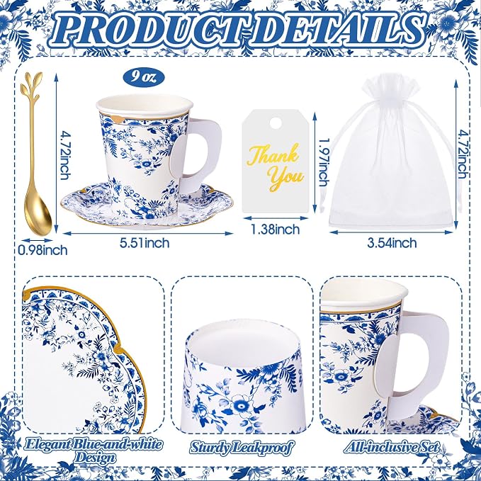 125 Pcs Blue Floral Tea Party Favors Set Blue and White Paper Teacups - Image 3