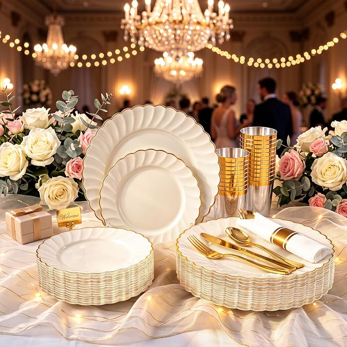 YOUBET 350PCS Ivory Scalloped Plastic Plates - Image 4