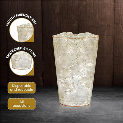 R-kay 14 oz Gold Glitter Plastic Cups For Party - 50 Pack Gold Plastic Cups - Hard Disposable Cups - Premium Heavy Duty Gold Cups - Disposable Cocktail Glasses - Party Cups (50 Pack, 14, ounces)