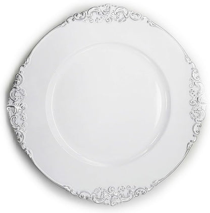 allgala 13-Inch 48-Pack Case Lot Heavy Quality Round Charger Plates-Floral White Silver Trim-HD80842