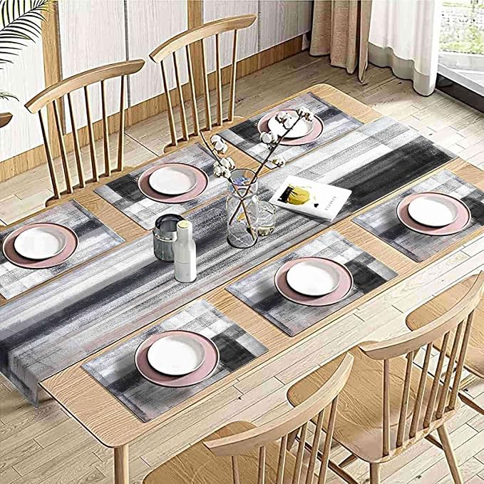 Black and Grey Modern Table Runner and Place Mats Set of 6 Abstract Black and - Image 5