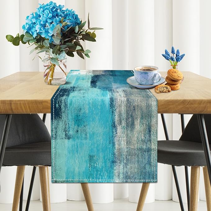 Teal Grey Table Runners Modern Art Farmhouse Linen Table Runners Dresser - Image 2