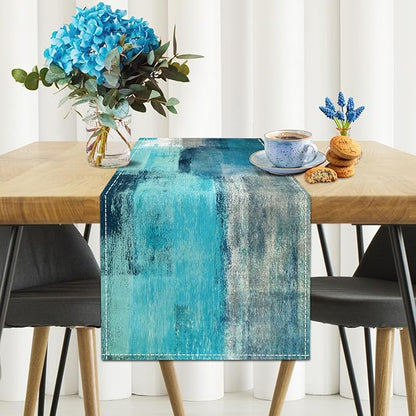 Teal Grey Table Runners Modern Art Farmhouse Linen Table Runners Dresser - Image 2