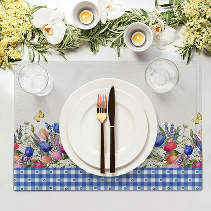 Tulip Placemats - Spring Easter Place Mats Set of 4 Blue Floral Plaid Place Mat 12x18 for Party Kitchen Dining Home