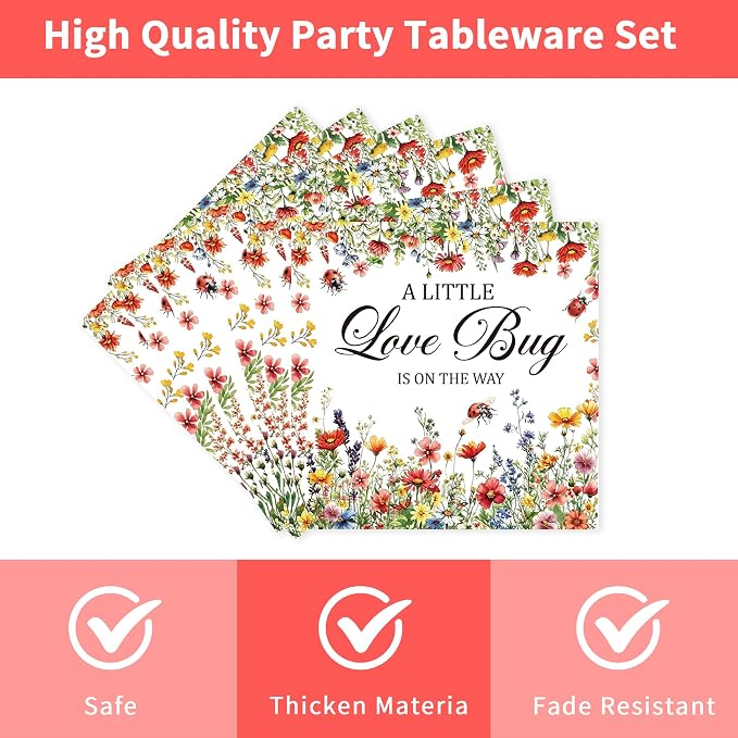 96 Pcs Love Bug Baby Shower Decorations, Floral Tableware Set | Includes paper - Image 4