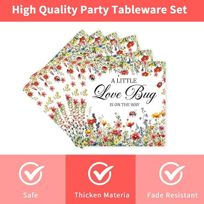 96 Pcs Love Bug Baby Shower Decorations, Floral Tableware Set | Includes paper - Image 4