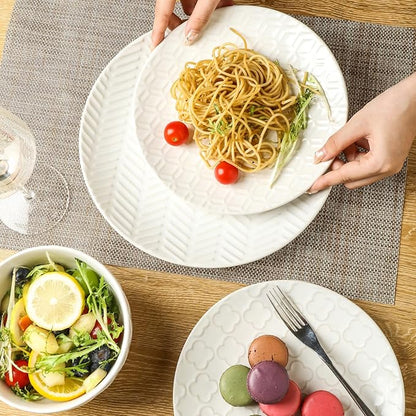 Sureasy Ceramic Dinnerware Sets for 8, 24 Piece Embossed Plates and Bowls Sets, Scratch Resistant Stoneware Dishes Set, Dishwasher and Microwave Safe, White