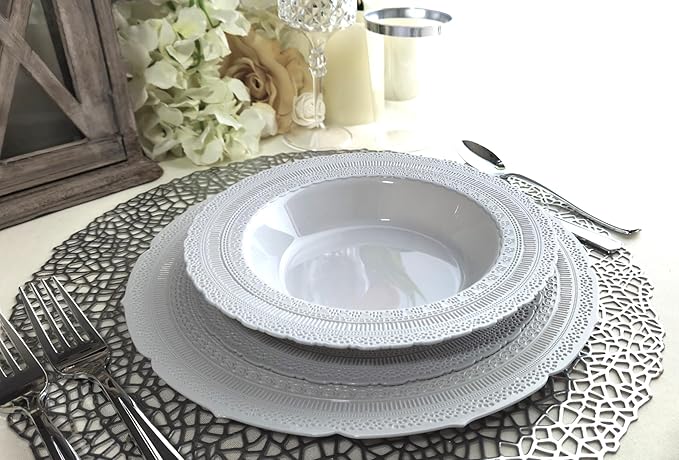 " OCCASIONS " 120 Plates Pack,(60 Guests) Extra Heavyweight Vintage Wedding Disposable/Reusable Plastic Plates 60 x11'' Dinner +60 x 8.25'' Salad/Dessert Plate (Chatesau Light Gray)