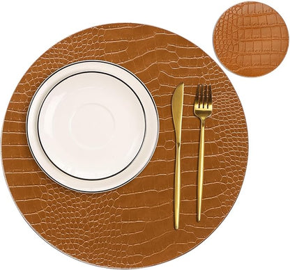 Jovono Round Leather Placemats for Round Tables Set of 4, Brown Place Mats and Coasters, Wipeable Waterproof Heat Resistant Table Mats Easy to Care for Indoor Decor 13 inch Diameter