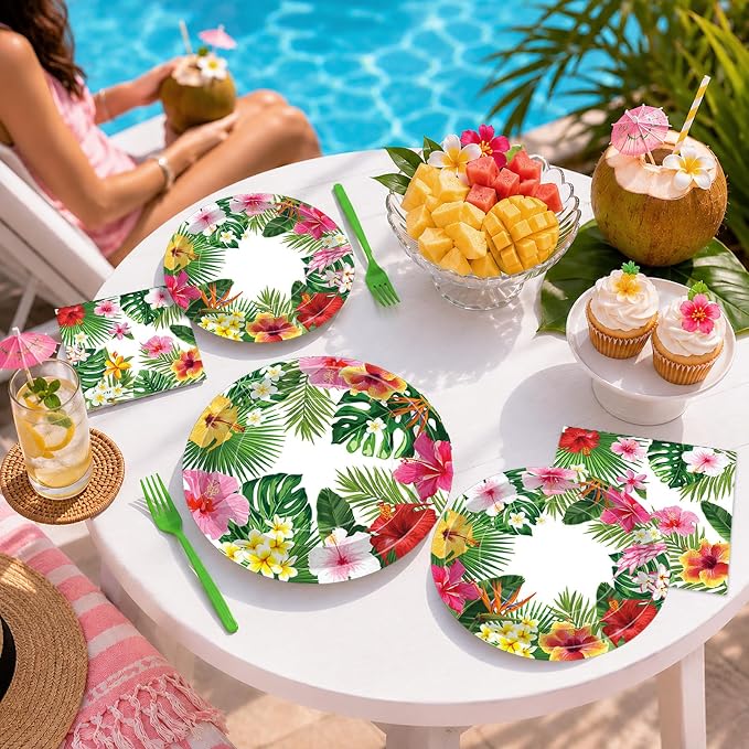 100 Pcs Tropical Luau Party Supplies Set, Serves 25 – Disposable Hibiscus - Image 3